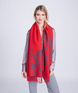 Red Leaf Print Scarf with Knotted Fringing - Soft and Vibrant