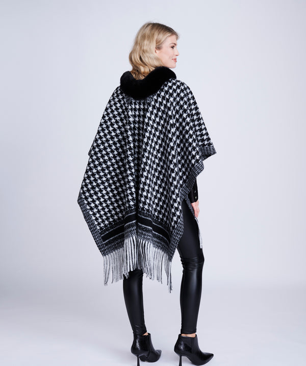 Black/White Houndstooth Fringed Wrap with Faux Fur Collar