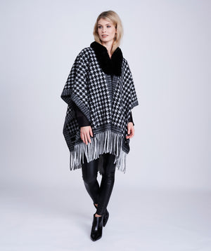 Black/White Houndstooth Fringed Wrap with Faux Fur Collar