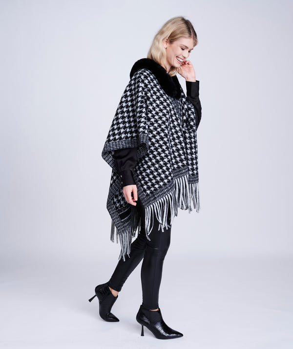 Black/White Houndstooth Fringed Wrap with Faux Fur Collar