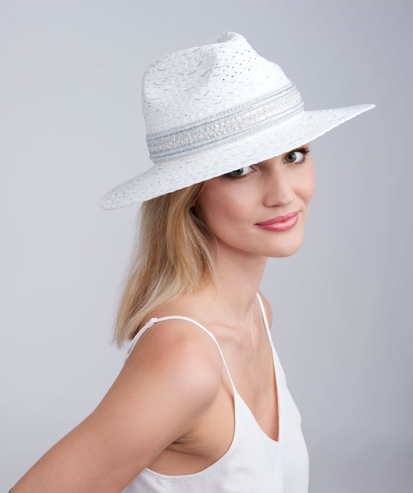 Silver Paper Straw Fedora with Gold Tone Embroidery