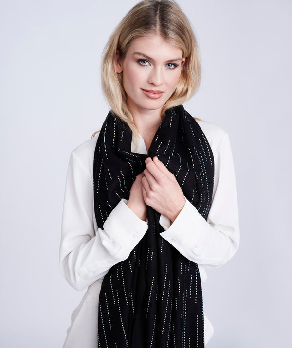 Black Cashmere Feel Scarf with Diamante Embellishment and Frayed Hem