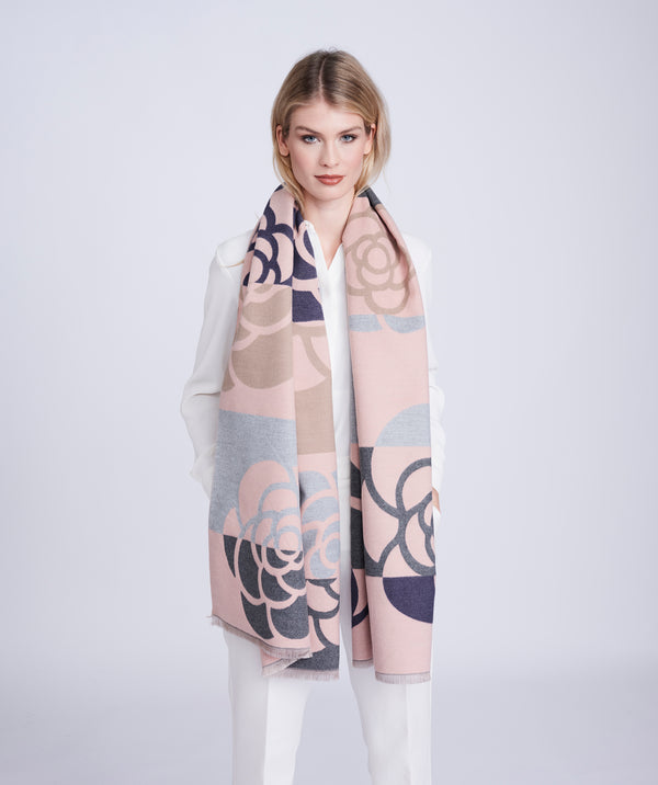 Blush/Silver Grey Oversized Floral Printed Scarf with Soft Frayed Hemline