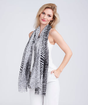 Black and White Monochrome Print Scarf with Raw Edging