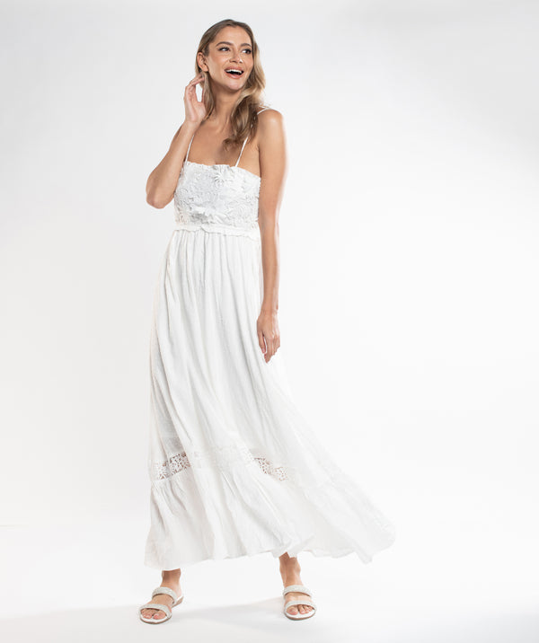 White Floral Maxi Dress with Feminine Embellishment