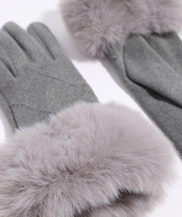 Grey Wool Glove with Faux Fur Cuff and Lining