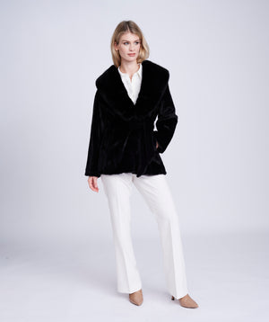 Black Faux Fur Coat with Plush Collar and Belt Tie