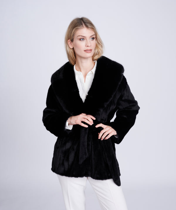 Black Faux Fur Coat with Plush Collar and Belt Tie