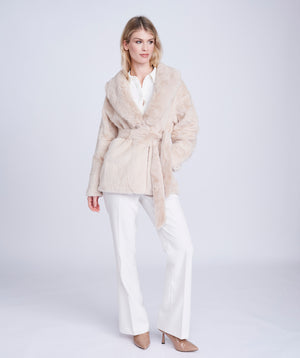 Cream Faux Fur Coat with Contrasting Collar and Belt