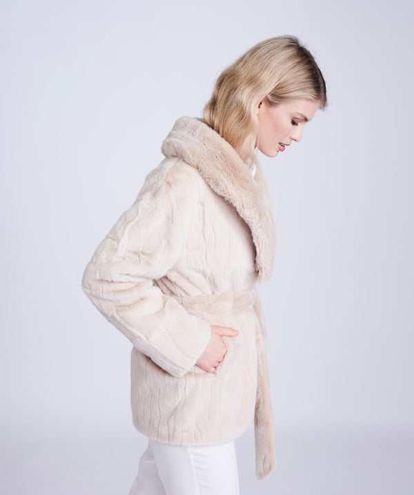 Cream Faux Fur Coat with Contrasting Collar and Belt