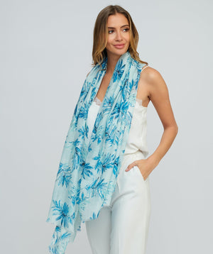 Blue Floral Printed Oblong Scarf with Raw Edging									