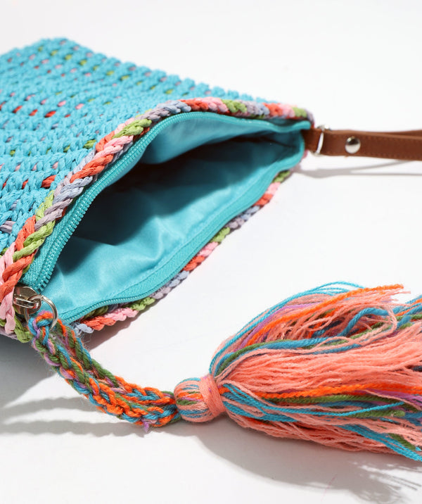 Side View: Pale Turquoise Summer Clutch Bag with Tassel Embellishment