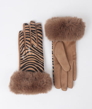 Tan Animal Print Glove with Plush Faux Fur Cuff.