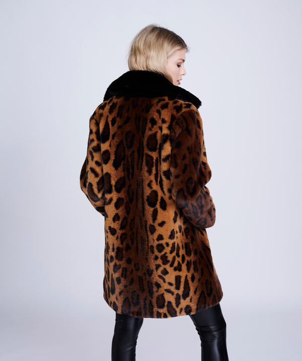 Leopard Print Faux Fur Coat with Notched Lapel and On-Seam Pockets