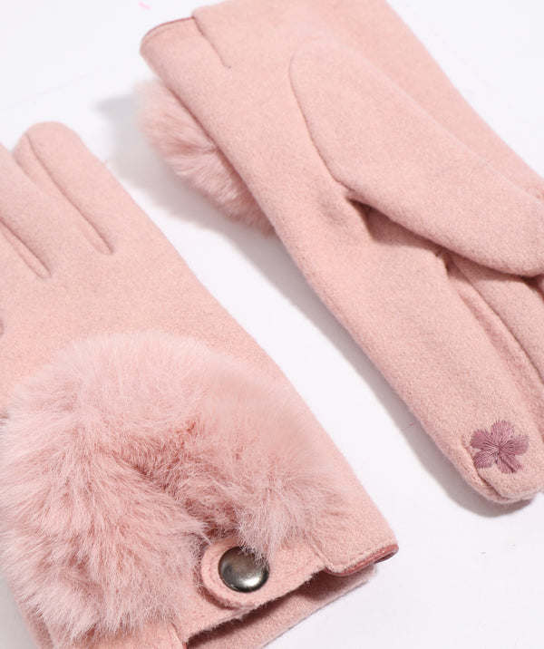 Blush Wool Driving Glove with Faux Fur Detail