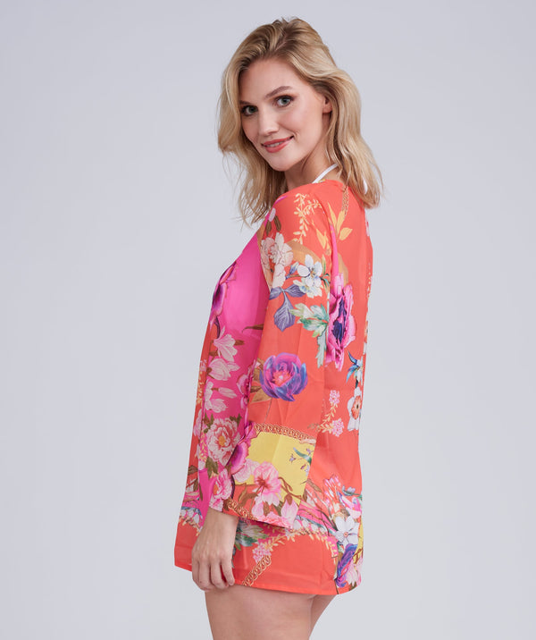 Orange Floral Print Midi Length Cover Up with Embellished Beading