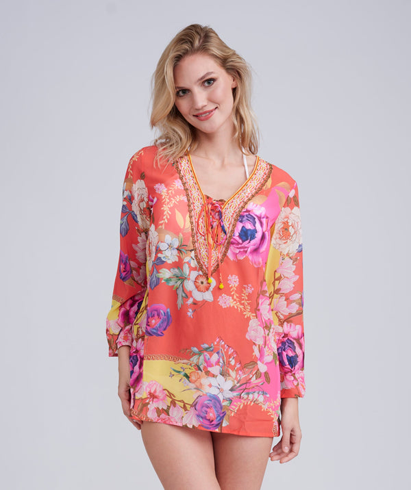 Orange Floral Print Midi Length Cover Up with Embellished Beading