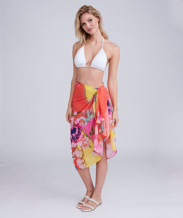 Orange Floral Print Sarong - Lightweight and Crease-free