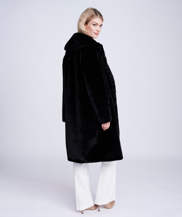 Black Plush Faux Fur Coat with Button Closure