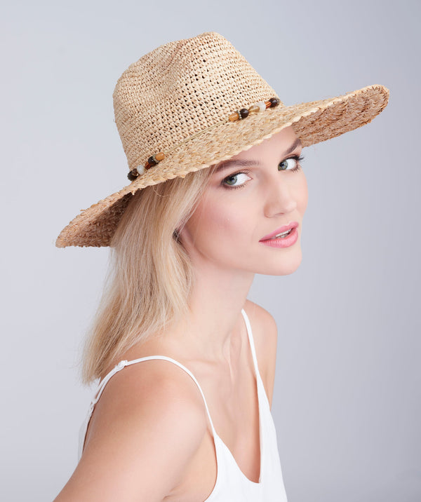 Natural Textured Straw Fedora Hat with Beaded Trim