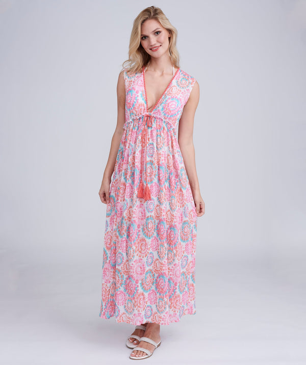 Pink Cotton Maxi Dress with Pom Pom Detailing