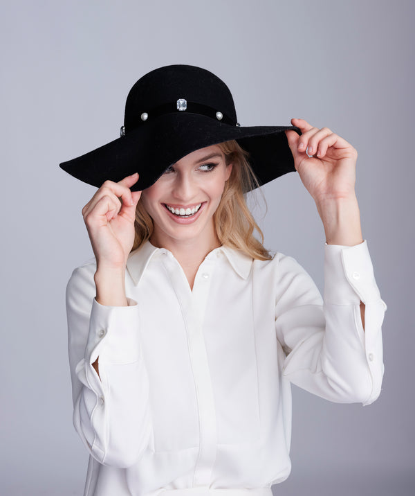 Black Classic Floppy Wool Hat with Velvet Embellished Band