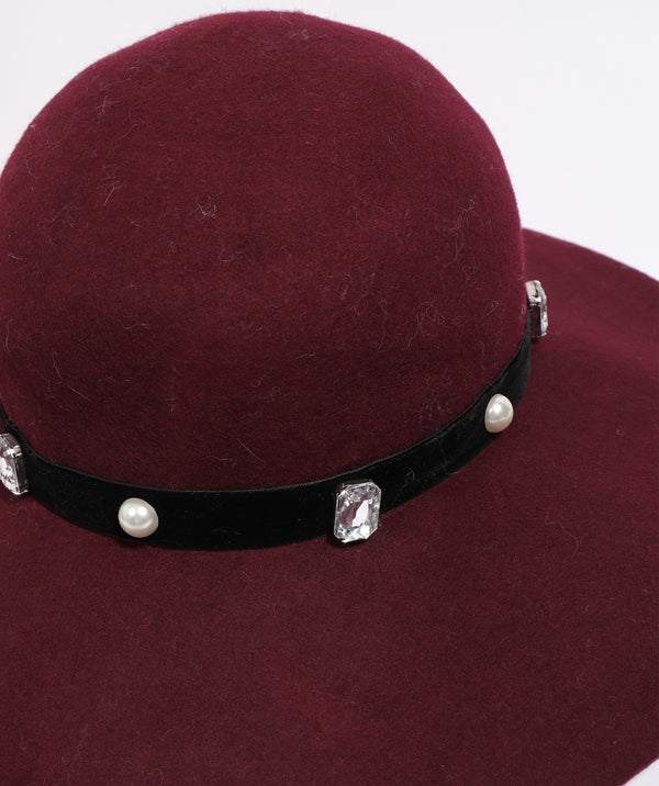 Burgundy Wool Wide Brim Hat with Velvet Embellished Band