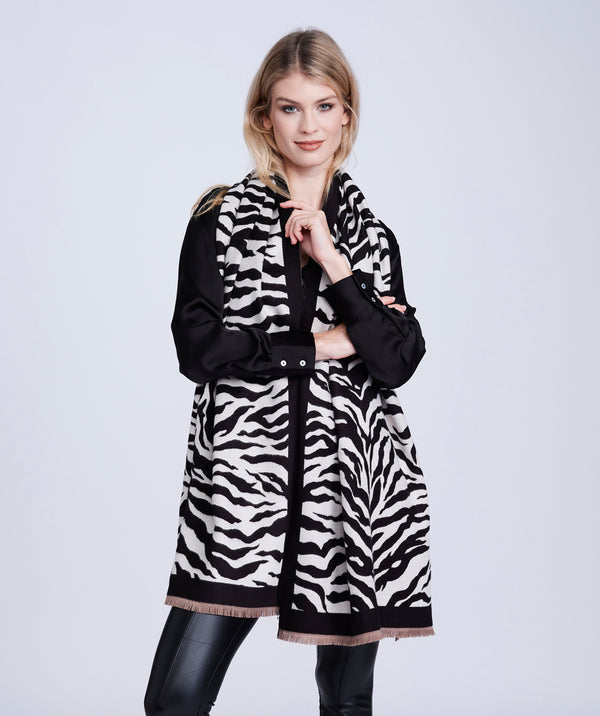 Black/White Reversible Zebra Print Scarf with Feathered Fringes