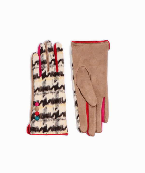 Beige Houndstooth Gloves with Contrast Trims and Warm Lining