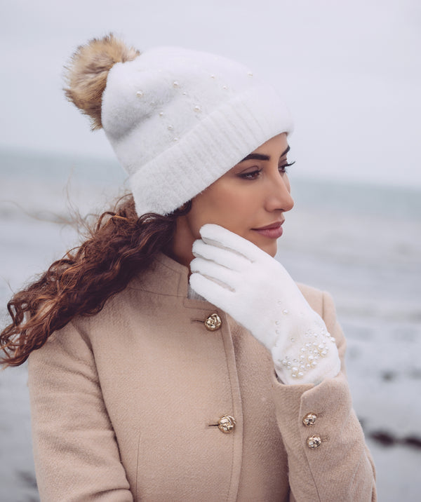 Cream Faux Fur Gloves with Pearl Embellishments