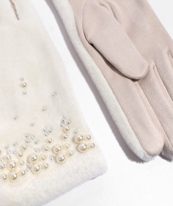 Cream Faux Fur Gloves with Pearl Embellishments