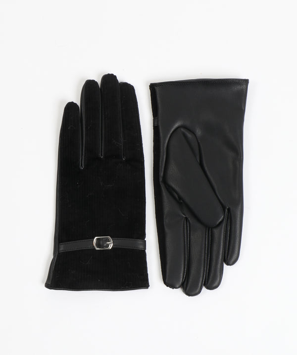 Women`s Black Faux Leather Glove with Fine Corduroy Back