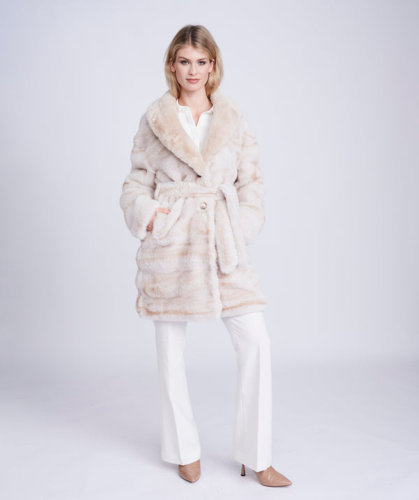 Honeycomb Ombre Faux Fur Coat with Belt and Pockets