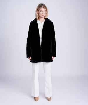 Black Midi Length Coat with Button Closure and Faux Fur