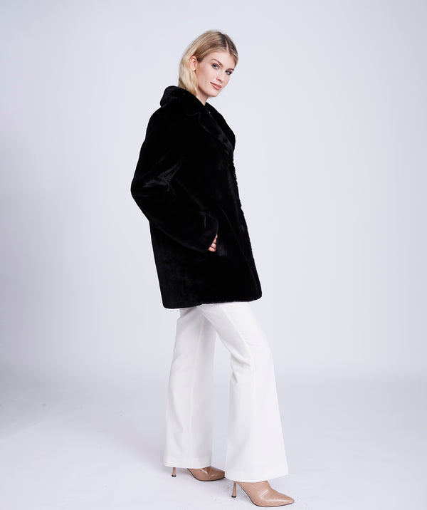 Black Midi Length Coat with Button Closure and Faux Fur