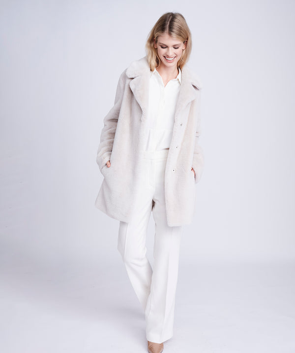 Pearl Midi Length Coat with Button Closure and Faux Fur Collar