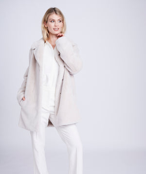 Pearl Midi Length Coat with Button Closure and Faux Fur Collar