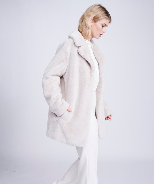 Pearl Midi Length Coat with Button Closure and Faux Fur Collar