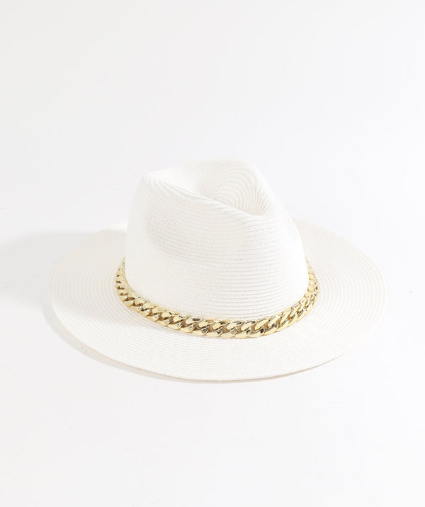 White Paper Straw Fedora Hat with Gold Chain Embellishment