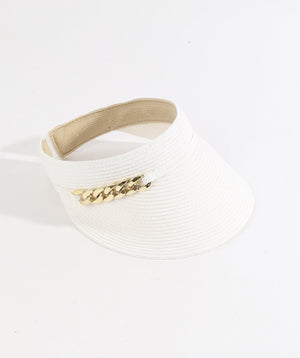 White Paper Straw Visor with Gold Metal Chain Embellishment