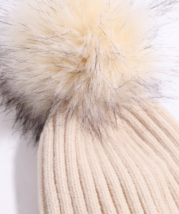 Beige Chunky Rib Knit Hat with Oversize Pom Pom