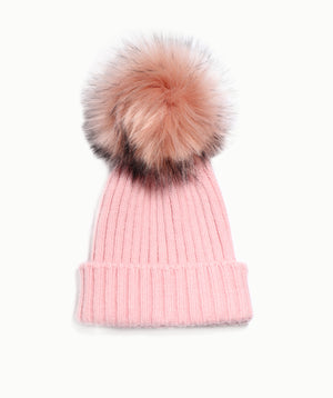 Blush Rib Knit Hat with Faux Fur Pom Pom