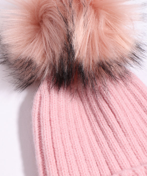 Blush Rib Knit Hat with Faux Fur Pom Pom