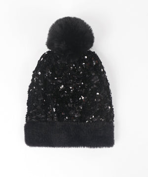 Black Sequin Beanie Hat with Plush Pom Pom