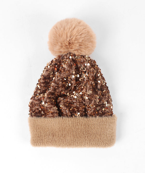 Gold Sequin Beanie Hat with Plush Pom Pom