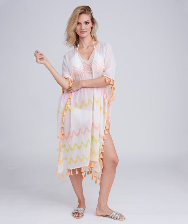 Pink Zig-Zag Print Maxi Coverup with Tassel Trim