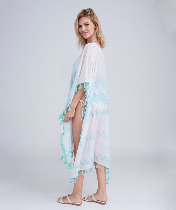 Turquoise Sheer Maxi Coverup with Tassel Trim