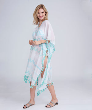 Turquoise Sheer Maxi Coverup with Tassel Trim