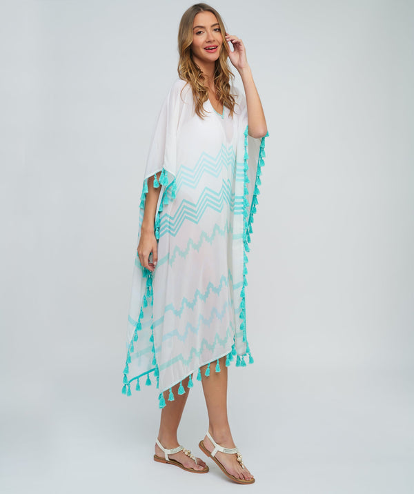 Turquoise Sheer Maxi Coverup with Tassel Trim