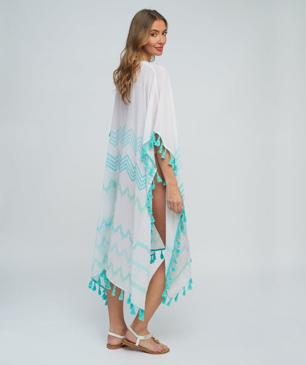 Turquoise Sheer Maxi Coverup with Tassel Trim